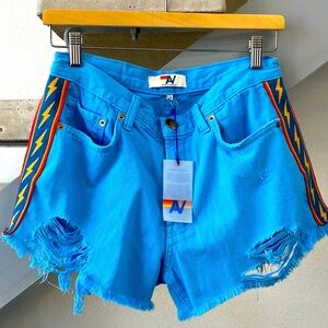 Aviator Nation Bolt Stripe Boyfriend Cutoff Jean Shorts Sky Size 28”